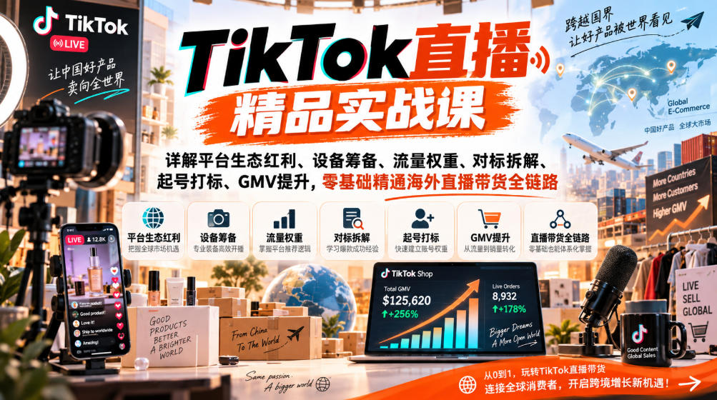 TikTok直播精品实战课，详解平台生态红利、设备筹备、流量权重、对标拆解、起号打标、GMV提升，零基础精通海外直播带货全链路网络赚钱,项目资源网,副业资源网,兼职项目,网赚课程-副业赚钱-互联网创业-独家轻创IP大圣网创
