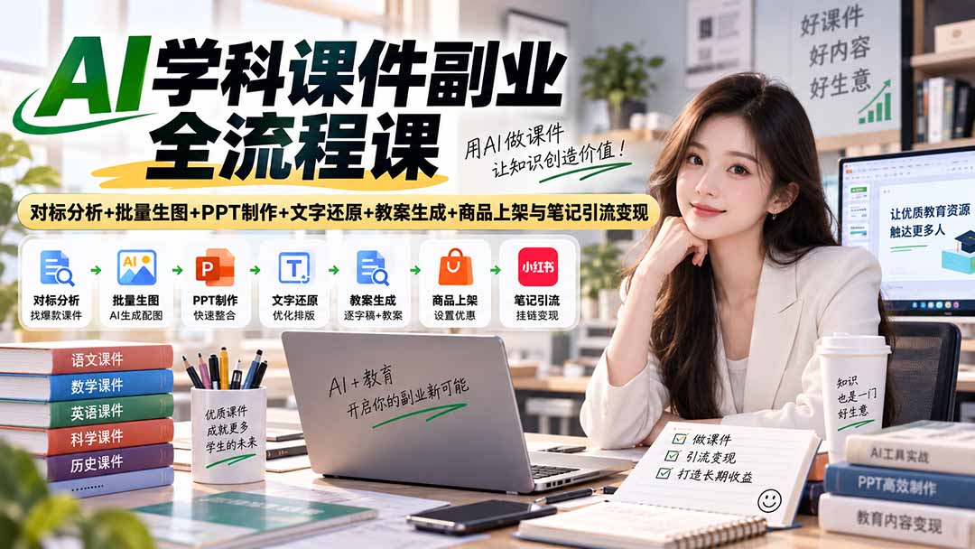 AI学科课件副业全流程课｜对标分析+批量生图+PPT制作+文字还原+教案生成+商品上架与笔记引流变现网络赚钱,项目资源网,副业资源网,兼职项目,网赚课程-副业赚钱-互联网创业-独家轻创IP大圣网创