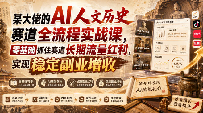 某大佬的AI人文历史赛道全流程实战课，零基础抓住赛道长期流量红利，实现稳定副业增收(更新)网络赚钱,项目资源网,副业资源网,兼职项目,网赚课程-副业赚钱-互联网创业-独家轻创IP大圣网创