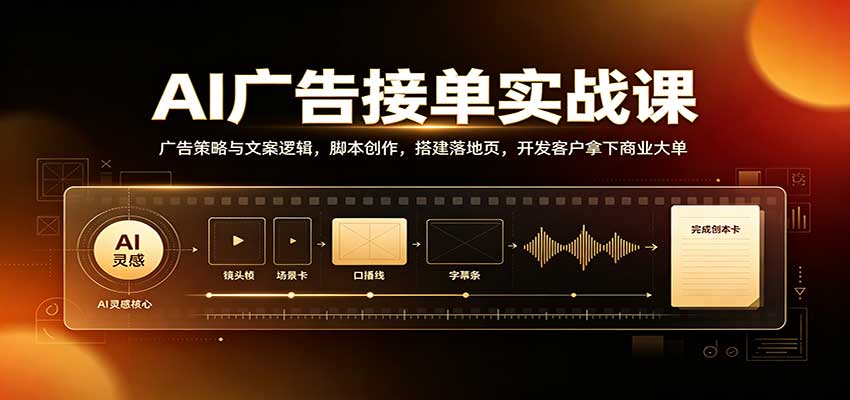 AI广告接单实战：广告策略与文案逻辑，脚本创作，搭建落地页，开发客户拿下商业大单网络赚钱,项目资源网,副业资源网,兼职项目,网赚课程-副业赚钱-互联网创业-独家轻创IP大圣网创