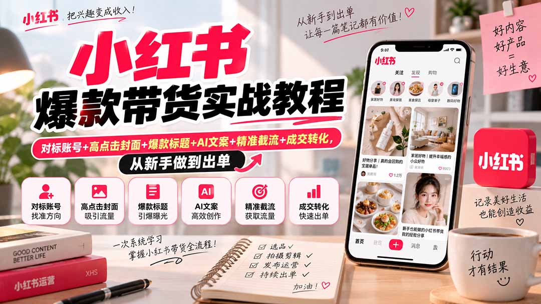 小红书爆款带货实战教程|对标账号+高点击封面+爆款标题+AI文案+精准截流+成交转化,从新手做到出单网络赚钱,项目资源网,副业资源网,兼职项目,网赚课程-副业赚钱-互联网创业-独家轻创IP大圣网创