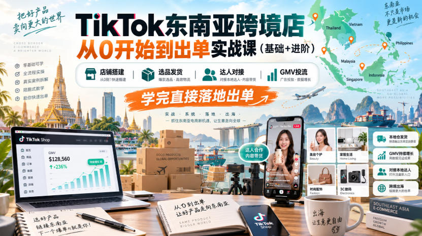 TikTok东南亚跨境店从0开始到出单实战课(基础+进阶),店铺搭建、选品发货、达人对接、GMV投流,学完直接落地出单网络赚钱,项目资源网,副业资源网,兼职项目,网赚课程-副业赚钱-互联网创业-独家轻创IP大圣网创