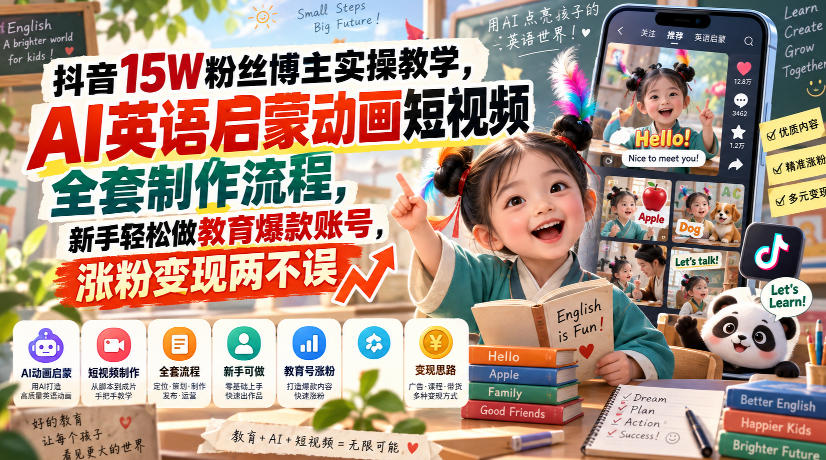 抖音15W粉丝博主实操教学,AI英语启蒙动画短视频全套制作流程,新手轻松做教育爆款账号,涨粉变现两不误网络赚钱,项目资源网,副业资源网,兼职项目,网赚课程-副业赚钱-互联网创业-独家轻创IP大圣网创