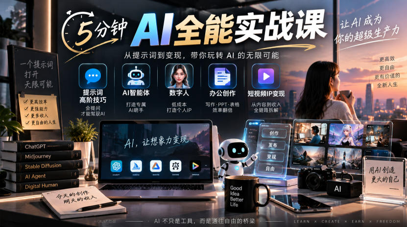 5分钟AI全能实战课｜提示词高阶技巧+AI智能体+数字人+办公创作+短视频IP变现全教程网络赚钱,项目资源网,副业资源网,兼职项目,网赚课程-副业赚钱-互联网创业-独家轻创IP大圣网创