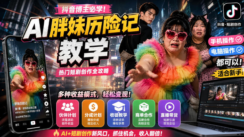 抖音博主的AI胖妹历险记教学，伙伴计划+分成计划+收徒+商单等多种收益，适合新手，手机电脑都可以操作网络赚钱,项目资源网,副业资源网,兼职项目,网赚课程-副业赚钱-互联网创业-独家轻创IP大圣网创