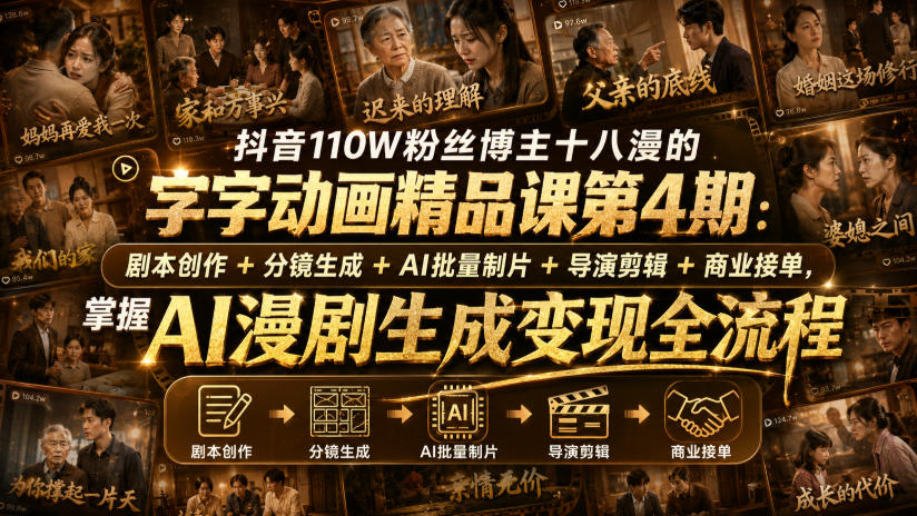 抖音110W粉丝博主十八漫的字字动画精品课第4期：剧本创作+分镜生成+剪辑+商业接单，掌握AI漫剧生成变现全流程(更新0916)网络赚钱,项目资源网,副业资源网,兼职项目,网赚课程-副业赚钱-互联网创业-独家轻创IP大圣网创