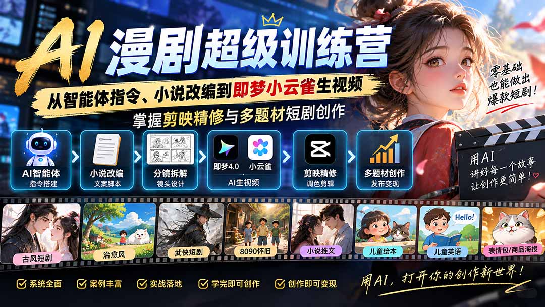AI漫剧超级特训营:从智能体指令、小说改编到即梦小云雀生视频,掌握剪映精修与多题材短剧创作网络赚钱,项目资源网,副业资源网,兼职项目,网赚课程-副业赚钱-互联网创业-独家轻创IP大圣网创