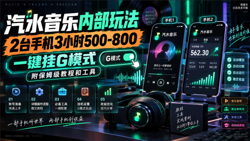 汽水音乐内部玩法，2台手机3小时500-800，一键挂G模式，附保姆级教程和工具【揭秘】网络赚钱,项目资源网,副业资源网,兼职项目,网赚课程-副业赚钱-互联网创业-独家轻创IP大圣网创