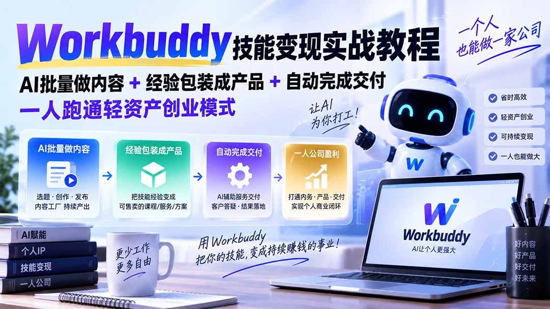 Workbuddy技能变现实战教程:AI批量做内容+经验包装成产品+自动完成交付,一人跑通轻资产创业模式网络赚钱,项目资源网,副业资源网,兼职项目,网赚课程-副业赚钱-互联网创业-独家轻创IP大圣网创