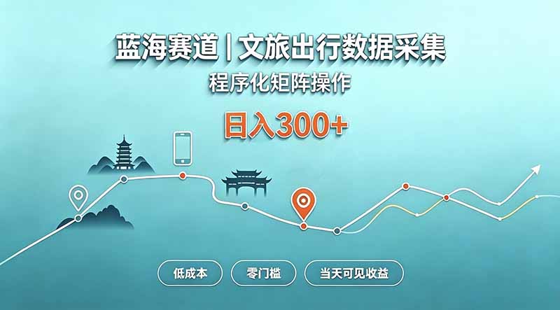 蓝海赛道 文旅出行数据采集 程序化矩阵操作 低成本 零门槛 当天可见收益 日入300+网络赚钱,项目资源网,副业资源网,兼职项目,网赚课程-副业赚钱-互联网创业-独家轻创IP大圣网创