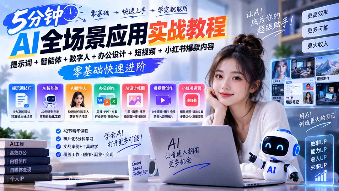 AI全场景应用实战教程|提示词+智能体+数字人+办公设计+短视频+小红书爆款内容,零基础快速进阶网络赚钱,项目资源网,副业资源网,兼职项目,网赚课程-副业赚钱-互联网创业-独家轻创IP大圣网创