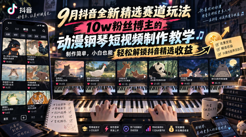 9月抖音全新精选赛道玩法,10w粉丝博主的动漫钢琴短视频制作教学,制作简单,小白也能轻松解锁抖音精选收益网络赚钱,项目资源网,副业资源网,兼职项目,网赚课程-副业赚钱-互联网创业-独家轻创IP大圣网创
