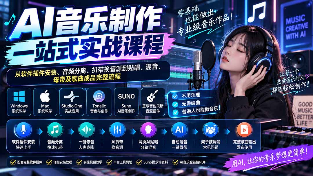 AI音乐制作一站式实战课程:从软件插件安装、音频分离、扒带换音源到贴唱、混音、母带及歌曲成品完整流程网络赚钱,项目资源网,副业资源网,兼职项目,网赚课程-副业赚钱-互联网创业-独家轻创IP大圣网创