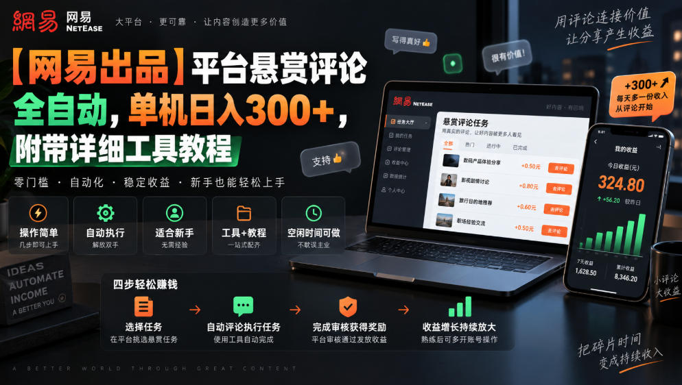 【网易出品】平台悬赏评论全自动，单机日入300+，附带详细工具教程【揭秘】网络赚钱,项目资源网,副业资源网,兼职项目,网赚课程-副业赚钱-互联网创业-独家轻创IP大圣网创