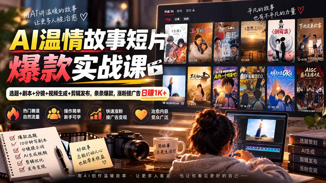 AI温情故事短片爆款实战课-更新|选题+剧本+分镜+视频生成+剪辑发布,条条爆款,涨粉接广告日赚1K+网络赚钱,项目资源网,副业资源网,兼职项目,网赚课程-副业赚钱-互联网创业-独家轻创IP大圣网创