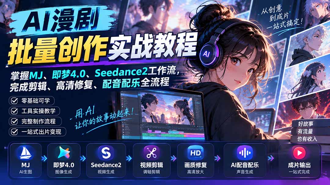 AI漫剧批量创作实战教程:掌握MJ、即梦4.0、Seedance2工作流,完成剪辑、高清修复、配音配乐全流程网络赚钱,项目资源网,副业资源网,兼职项目,网赚课程-副业赚钱-互联网创业-独家轻创IP大圣网创