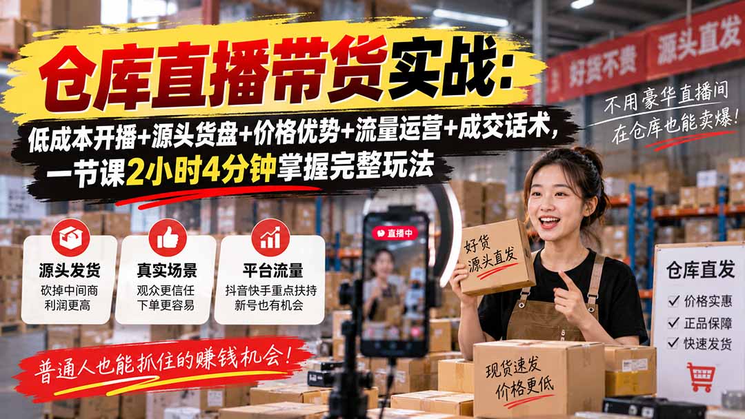 仓库直播带货实战:低成本开播+源头货盘+价格优势+流量运营+成交话术,一节课2小时4分钟掌握完整玩法网络赚钱,项目资源网,副业资源网,兼职项目,网赚课程-副业赚钱-互联网创业-独家轻创IP大圣网创