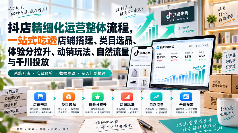李哥电商-抖店精细化运营整体流程，一站式吃透店铺搭建、类目选品、体验分拉升、动销玩法、自然流量与千川投放网络赚钱,项目资源网,副业资源网,兼职项目,网赚课程-副业赚钱-互联网创业-独家轻创IP大圣网创