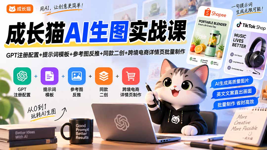 成长猫AI生图实战课｜GPT注册配置+提示词模板+参考图反推+同款二创+跨境电商详情页批量制作网络赚钱,项目资源网,副业资源网,兼职项目,网赚课程-副业赚钱-互联网创业-独家轻创IP大圣网创