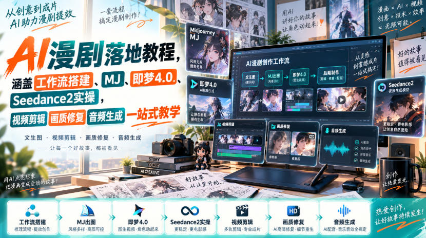 AI漫剧落地教程，涵盖工作流搭建、MJ、即梦4.0、Seedance2实操，视频剪辑画质修复音频生成一站式教学网络赚钱,项目资源网,副业资源网,兼职项目,网赚课程-副业赚钱-互联网创业-独家轻创IP大圣网创
