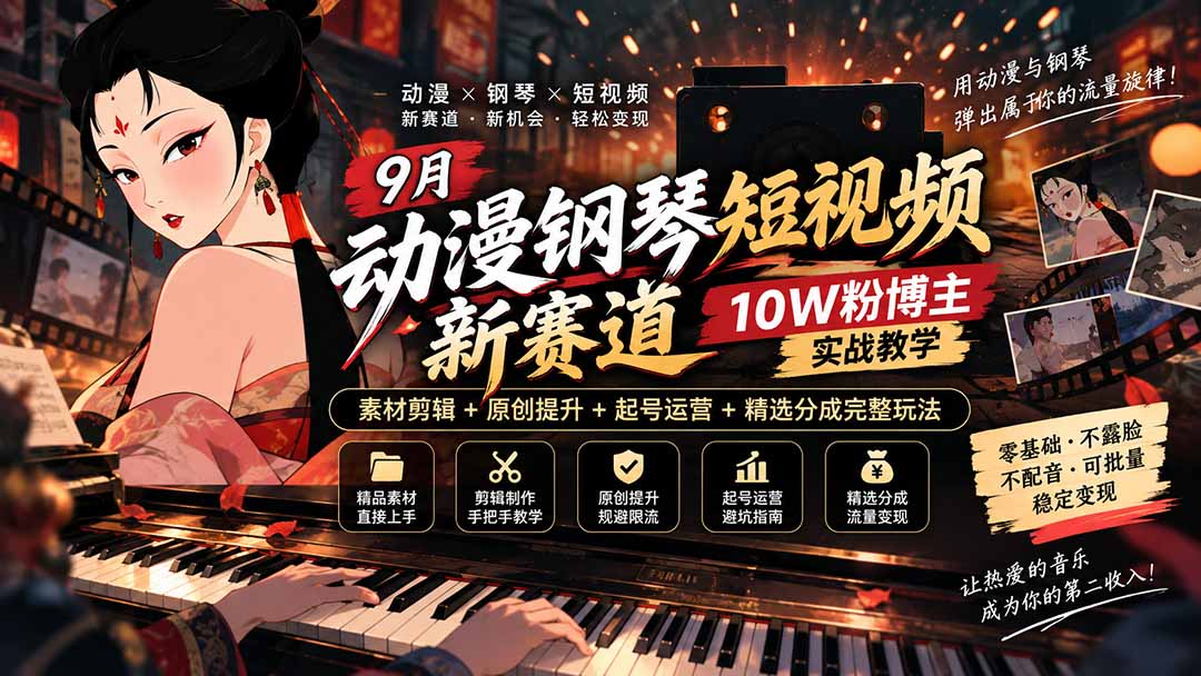 9月动漫钢琴短视频新赛道|10W粉博主实战教学,素材剪辑+原创提升+起号运营+精选分成完整玩法网络赚钱,项目资源网,副业资源网,兼职项目,网赚课程-副业赚钱-互联网创业-独家轻创IP大圣网创
