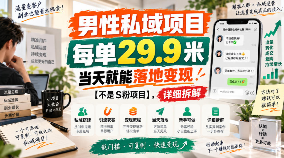 男性私域项目,每单29.9米,当天就能落地变现【不是S粉项目】,详细拆解网络赚钱,项目资源网,副业资源网,兼职项目,网赚课程-副业赚钱-互联网创业-独家轻创IP大圣网创