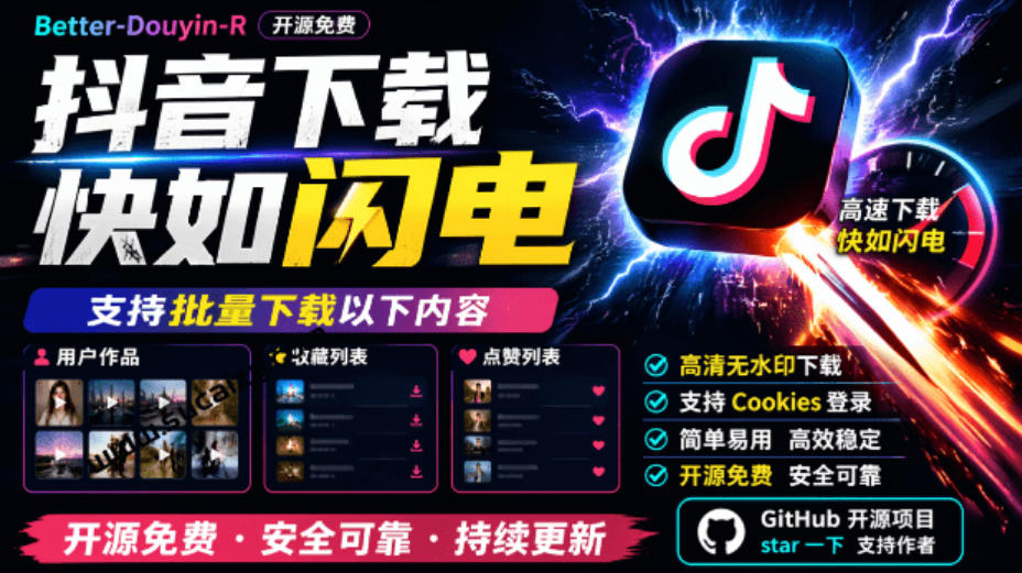 超级好用！抖音视频下载神器，支持批量下载用户作品收藏列表和点赞列表，开源完全免费Better-douyin-R网络赚钱,项目资源网,副业资源网,兼职项目,网赚课程-副业赚钱-互联网创业-独家轻创IP大圣网创
