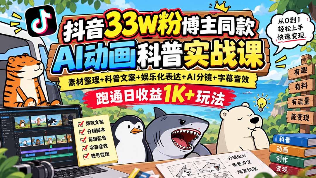 抖音33W粉博主同款AI动画科普实战课|素材整理+科普文案+娱乐化表达+AI分镜+字幕音效,跑通日收益1K+玩法网络赚钱,项目资源网,副业资源网,兼职项目,网赚课程-副业赚钱-互联网创业-独家轻创IP大圣网创