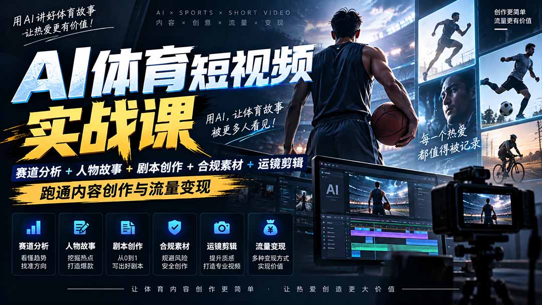 AI体育短视频赛道顶级玩法|赛道分析+人物故事+剧本创作+版权处理+运镜剪辑,跑通流量变现-日赚1K+网络赚钱,项目资源网,副业资源网,兼职项目,网赚课程-副业赚钱-互联网创业-独家轻创IP大圣网创