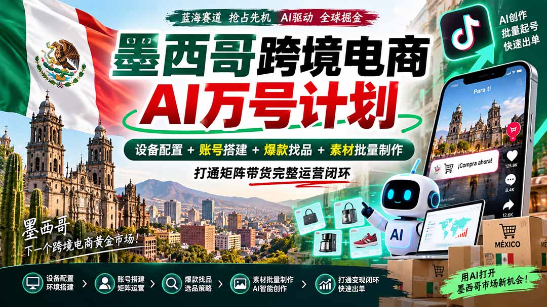 墨西哥AI跨境电商万号计划|设备配置+账号搭建+爆款找品+素材批量制作,打通矩阵带货完整运营闭环网络赚钱,项目资源网,副业资源网,兼职项目,网赚课程-副业赚钱-互联网创业-独家轻创IP大圣网创