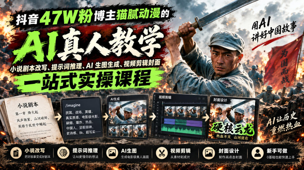 抖音47W粉博主猫腻动漫的AI真人漫剧教学,小说剧本改写、提示词推理、AI生图生成、视频剪辑封面一站式实操课程网络赚钱,项目资源网,副业资源网,兼职项目,网赚课程-副业赚钱-互联网创业-独家轻创IP大圣网创