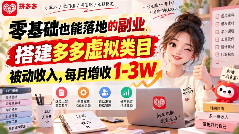零基础也能落地的副业,搭建多多虚拟类目被动收入,每月增收1-3W【揭秘】网络赚钱,项目资源网,副业资源网,兼职项目,网赚课程-副业赚钱-互联网创业-独家轻创IP大圣网创