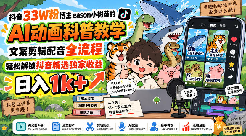 抖音33W粉博主eason小树苗的AI动画科普教学，文案剪辑配音全流程，轻松解锁抖音精选独家收益，日入1k+网络赚钱,项目资源网,副业资源网,兼职项目,网赚课程-副业赚钱-互联网创业-独家轻创IP大圣网创