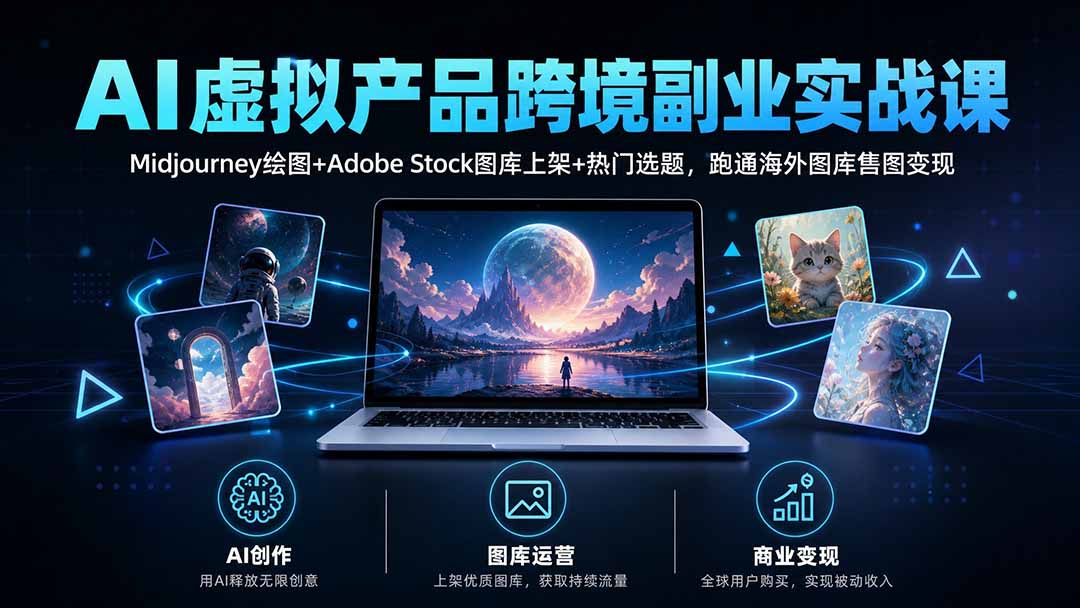 AI虚拟产品跨境副业实战课|Midjourney绘图+Adobe Stock图库上架+热门选题,跑通海外图库售图变现网络赚钱,项目资源网,副业资源网,兼职项目,网赚课程-副业赚钱-互联网创业-独家轻创IP大圣网创