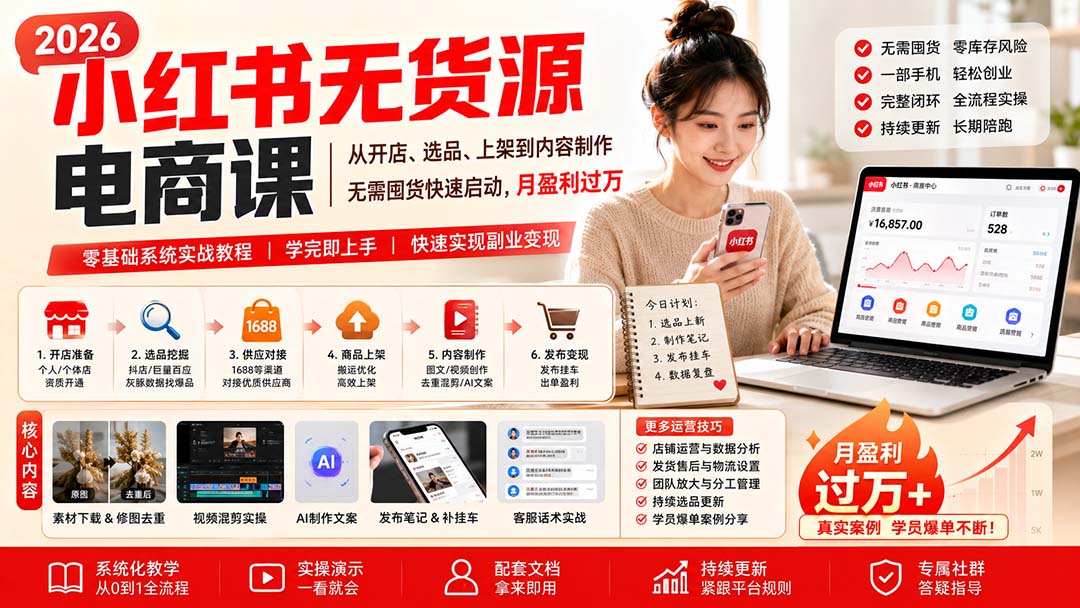 小红书无货源电商课(9月16更新网络赚钱,项目资源网,副业资源网,兼职项目,网赚课程-副业赚钱-互联网创业-独家轻创IP大圣网创