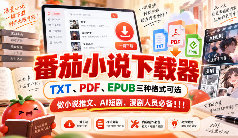番茄小说下载器，TXT、PDF、EPUB三种格式可选，做小说推文、AI短剧、漫剧人员必备！！！网络赚钱,项目资源网,副业资源网,兼职项目,网赚课程-副业赚钱-互联网创业-独家轻创IP大圣网创