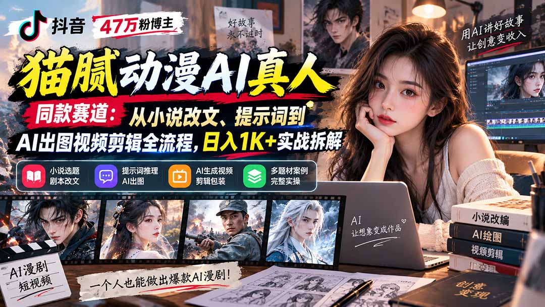 抖音47万粉博主猫腻动漫AI真人同款赛道:从小说改文、提示词到AI出图视频剪辑全流程,日入1K+实战拆解网络赚钱,项目资源网,副业资源网,兼职项目,网赚课程-副业赚钱-互联网创业-独家轻创IP大圣网创