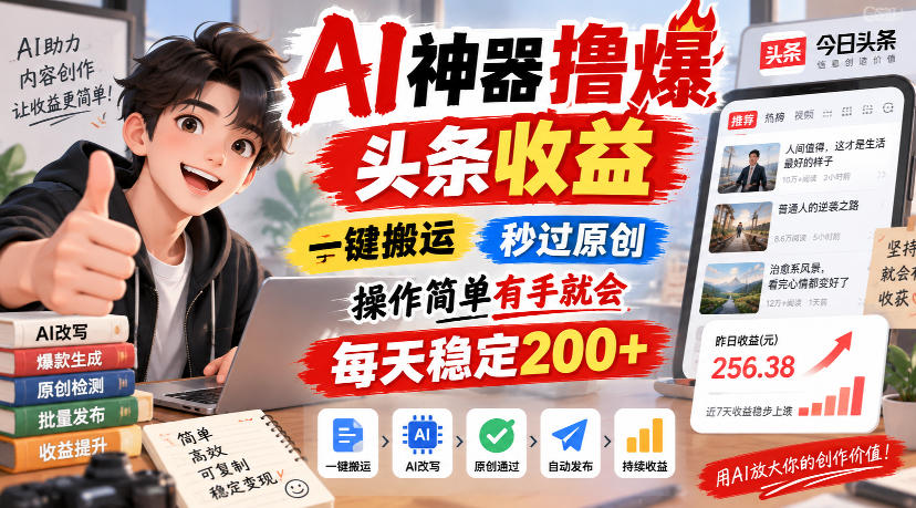 AI神器撸爆头条收益，一键搬运，秒过原创，操作简单有手就会，每天稳定200+【揭秘】网络赚钱,项目资源网,副业资源网,兼职项目,网赚课程-副业赚钱-互联网创业-独家轻创IP大圣网创