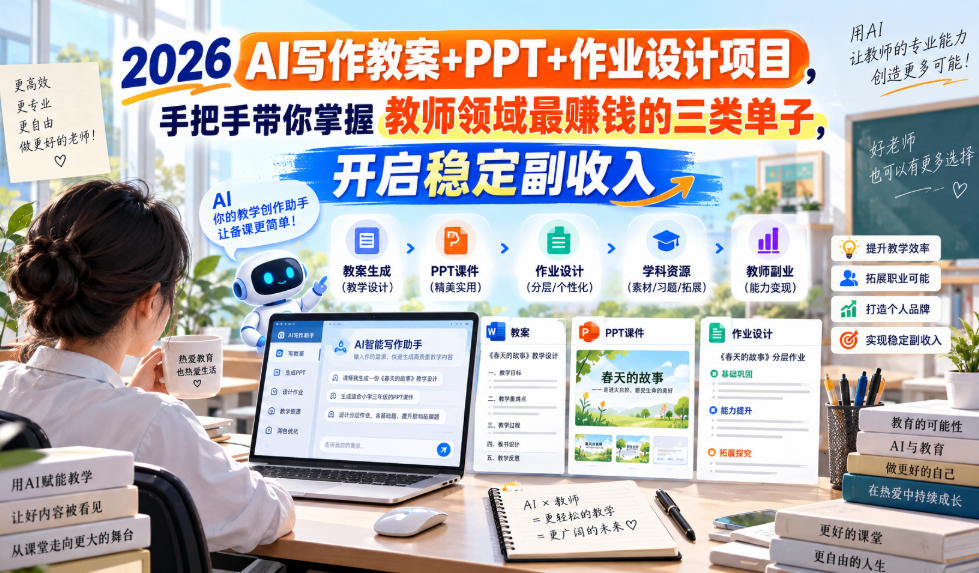 2026 AI写作教案+PPT+作业设计项目，手把手带你掌握教师领域最賺钱的三类单子，开启稳定副收入网络赚钱,项目资源网,副业资源网,兼职项目,网赚课程-副业赚钱-互联网创业-独家轻创IP大圣网创