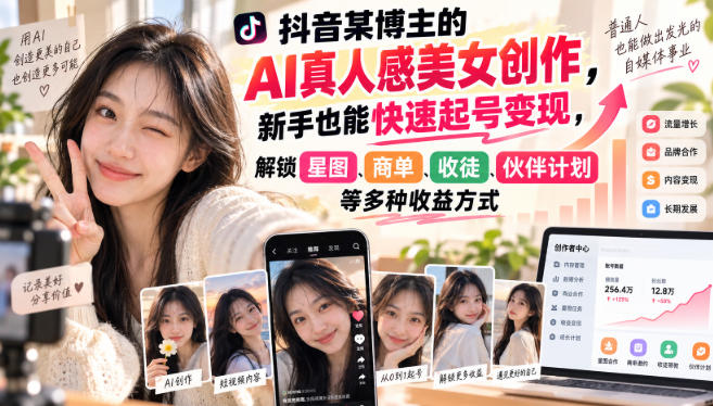 抖音某博主的AI真人感美女创作,新手也能快速起号变现,解锁星图,商单,收徒,伙伴计划等多种收益方式网络赚钱,项目资源网,副业资源网,兼职项目,网赚课程-副业赚钱-互联网创业-独家轻创IP大圣网创
