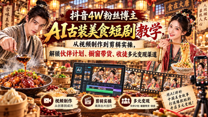 抖音4W粉丝博主AI古装美食短剧教学，从视频制作到剪辑实操，解锁伙伴计划、橱窗带货、收徒多元变现渠道网络赚钱,项目资源网,副业资源网,兼职项目,网赚课程-副业赚钱-互联网创业-独家轻创IP大圣网创