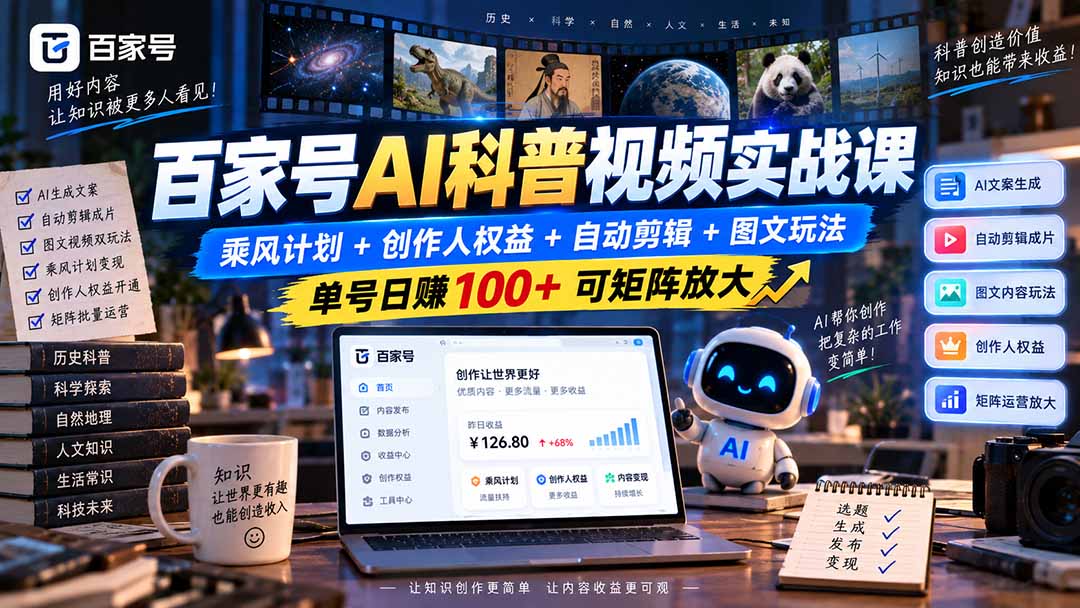 百家号AI科普视频实战课：乘风计划+创作人权益+自动剪辑+图文玩法，单号日赚100+可矩阵放大网络赚钱,项目资源网,副业资源网,兼职项目,网赚课程-副业赚钱-互联网创业-独家轻创IP大圣网创