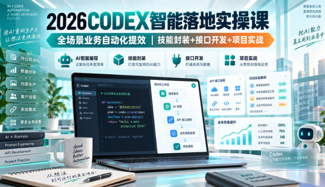 2026Codex智能落地实操课，全场景业务自动化提效，技能封装+接口开发+项目实战网络赚钱,项目资源网,副业资源网,兼职项目,网赚课程-副业赚钱-互联网创业-独家轻创IP大圣网创