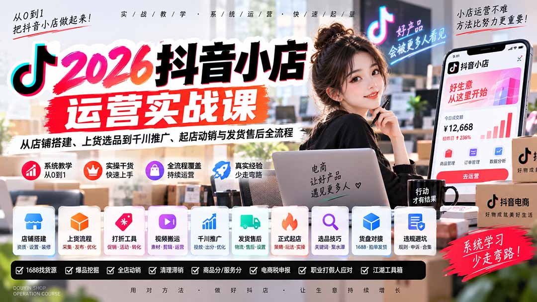 2026抖音小店运营实战课｜从店铺搭建、上货选品到千川推广、起店动销与发货售后全流程网络赚钱,项目资源网,副业资源网,兼职项目,网赚课程-副业赚钱-互联网创业-独家轻创IP大圣网创