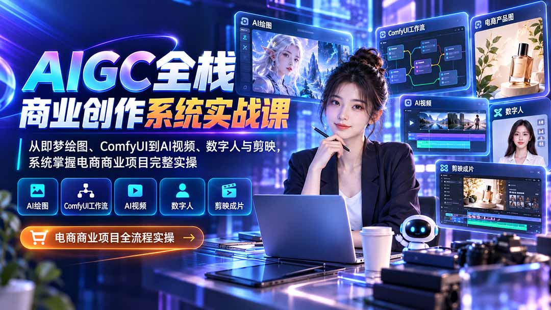 AIGC全栈商业创作系统实战课-无水印：从即梦绘图、ComfyUI到AI视频、数字人与剪映，系统掌握电商商业项目完整实操网络赚钱,项目资源网,副业资源网,兼职项目,网赚课程-副业赚钱-互联网创业-独家轻创IP大圣网创
