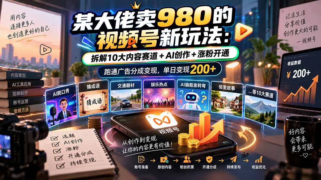 某大佬卖980的视频号新玩法：拆解10大内容赛道+AI创作+涨粉开通，跑通广告分成变现，单日变现200+网络赚钱,项目资源网,副业资源网,兼职项目,网赚课程-副业赚钱-互联网创业-独家轻创IP大圣网创