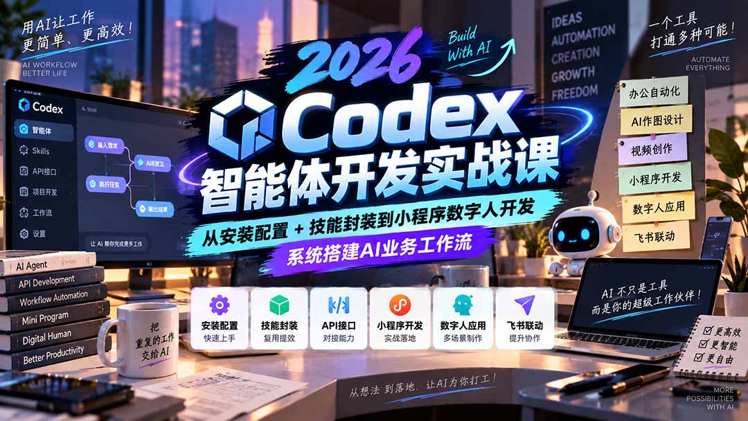 2026Codex智能体开发实战课：从安装配置+技能封装到小程序数字人开发，系统搭建AI业务工作流网络赚钱,项目资源网,副业资源网,兼职项目,网赚课程-副业赚钱-互联网创业-独家轻创IP大圣网创