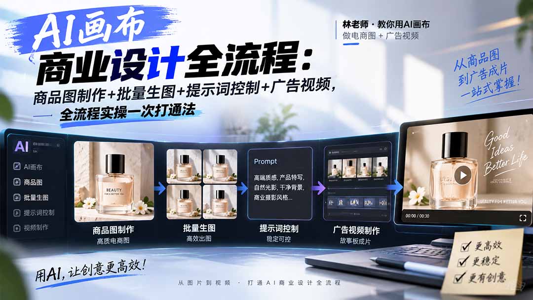 AI画布商业设计全流程：商品图制作+批量生图+提示词控制+广告视频，全流程实操一次打通法网络赚钱,项目资源网,副业资源网,兼职项目,网赚课程-副业赚钱-互联网创业-独家轻创IP大圣网创