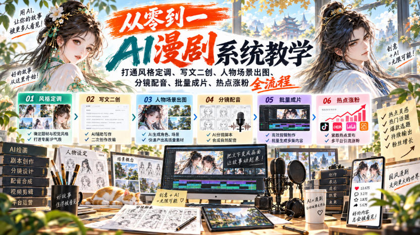 从零到一AI漫剧系统教学,打通风格定调、写文二创、人物场景出图、分镜配音、批量成片、热点涨粉全流程网络赚钱,项目资源网,副业资源网,兼职项目,网赚课程-副业赚钱-互联网创业-独家轻创IP大圣网创
