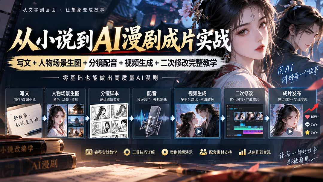 从小说到AI漫剧成片实战:写文+人物场景生图+分镜配音+视频生成+二次修改完整教学网络赚钱,项目资源网,副业资源网,兼职项目,网赚课程-副业赚钱-互联网创业-独家轻创IP大圣网创